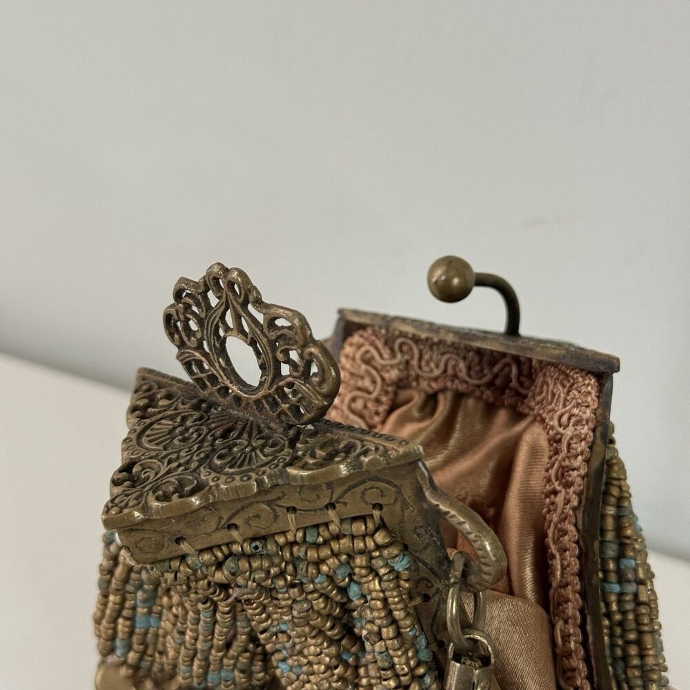 Antique 1920s Glass Beaded Victorian Flapper Purse Ornate Metal Frame W/ Mirror - Picture 7 of 12